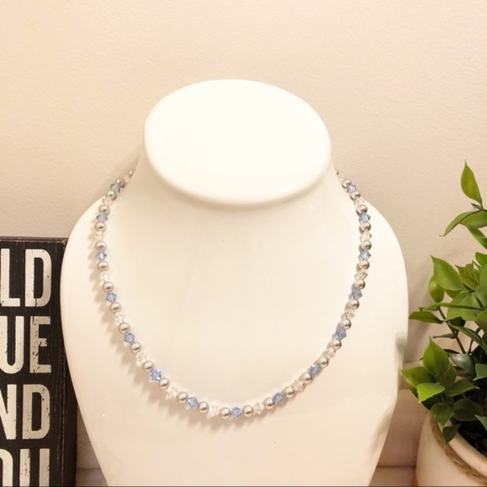 Swarovski Blue Crystal Silver Pearl Bead Necklace